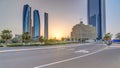 Skyscrapers of Abu Dhabi at sunset with Etihad Towers buildings timelapse. Royalty Free Stock Photo