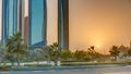 Skyscrapers of Abu Dhabi at sunset with Etihad Towers buildings timelapse. Royalty Free Stock Photo
