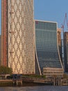 Skyscrapers at Bank Street and Canary Wharf Pier at sunset. Royalty Free Stock Photo