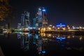 Skyscrapers in a business center, financial district, evening, night sky, illuminated buildings, empty space, Moscow city, Moscow Royalty Free Stock Photo