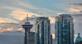 Vancouver skyline at sunset. Lookout tower atop the office building.