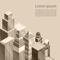 Skyscrapers city poster. Vector illustration of old sepia photographic style cityscape scene. The buildings in upper