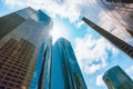 Skyscrapers in the downtown city of Los Angeles, CA. Business District. Low-angle view of tall modern buildings with a cloudy sky