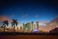 Skyscrapers in downtown Miami and MacArthur causeway at night Royalty Free Stock Photo