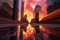 skyscrapers with dramatic sunset reflections