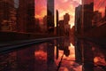 skyscrapers with dramatic sunset reflections