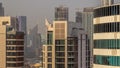 Skyscrapers in Dubai Business Bay and financial district aerial timelapse.