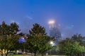 Skyscrapers and high-rise corporate buildings in downtown Houston in foggy mist weather at blue hour