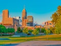 Dusk lights hits the Indianapolis skyline in the White River State Park, Indiana Royalty Free Stock Photo