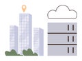 Urban skyscrapers with a cloud and server stack symbolizing technology and modern infrastructure Royalty Free Stock Photo