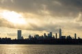 Lower Manhattan Skyline on the East River in New York City during Sunset Royalty Free Stock Photo