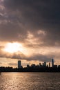 Lower Manhattan Skyline on the East River in New York City during Sunset Royalty Free Stock Photo