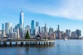 Lower Manhattan New York City Skyline seen from Jersey City with a Christmas Tree Royalty Free Stock Photo