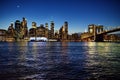 Skyscrapers of Manhattan and Brooklyn bridge at dusk. Famous bridge. Postcard view of New York. United States of America landmarks Royalty Free Stock Photo