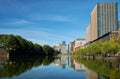 Skyscrapers of Marunouchi district reflecting in the water of Edo castle outer moat. Tokyo. Japan Royalty Free Stock Photo