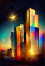 Skyscrapers in the metropolis multicolor picture. Night modern cityscape. Imitation of oil painting. AI-generated