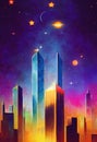 Skyscrapers in the metropolis multicolor picture. Night modern cityscape. Imitation of oil painting. AI-generated