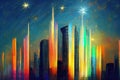 Skyscrapers in the metropolis multicolor picture. Night modern cityscape. Imitation of oil painting. AI-generated