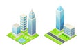 Skyscrapers and modern city houses set. Exterior of urban buildings isometric vector illustration Royalty Free Stock Photo