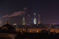 Skyscrapers of Moscow City business center at night, Russia. Architecture and landmark of Moscow. high point of shooting Royalty Free Stock Photo