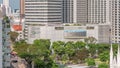 Skyscrapers near St. Andrew's Cathedral aerial timelapse. It is an Anglican cathedral in Singapore, the country's