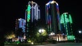 Skyscrapers in neon light Grozny Chechnya at the Night.