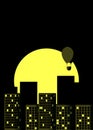 Skyscrapers night. Panorama of a big city in retro style. Yellow with black. Hot air balloon over the city. Vector