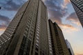 skyscrapers, office buildings and hotels in the city skyline at sunset with blue sky and clouds in downtown Chicago Illinois Royalty Free Stock Photo