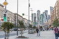 Skyscrapers and ordinary houses on Kutuzovsky Prospekt. Moscow, Russia, 08/25/2020