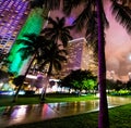 Skyscrapers and palm trees in Bayfront Park in downtown Miami at night Royalty Free Stock Photo