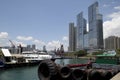 Skyscrapers and pier in city Hongkong China Royalty Free Stock Photo