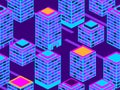 Skyscrapers seamless pattern. Isometric city buildings, metropolis. Neon color in the style of the 80s. Vector Royalty Free Stock Photo