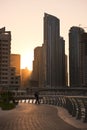 Skyscrapers silhuette at sunset in Dubai marina