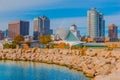 Skyscrapers in the skyline of Milwaukee and Lake Michigan, WI Royalty Free Stock Photo