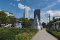 Skyscrapers and subway station at the Friedrich Ebert Park facility in Frankfurt, Germany