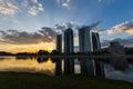 Skyscrapers in sunset at Putrajaya, Malaysia. Building reflecting in the lake Royalty Free Stock Photo