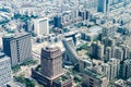 Aerial view from Taipei 101 to skyscrapers and architect Vincent Callebaut`s twisting carbon-absorbing tower in Taipei, Taiwani