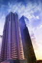 Skyscrapers in Tel-Aviv, Israel. Corporate building in modern city architecture background, toning. Sun rays and lens flare. Busin