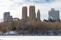 The Upper West Side Skyline with the Frozen Lake with Snow at Central Park in New York City during Winter Royalty Free Stock Photo