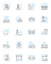 Skyscraping block linear icons set. Towering, High-rise, Urban, Impressive, Majestic, Monumental, Elevating line vector