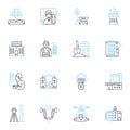 Skyscraping block linear icons set. Towering, High-rise, Urban, Impressive, Majestic, Monumental, Elevating line vector