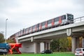Skytrain in city Amsterdam. Passenger train in Netherlands Royalty Free Stock Photo
