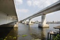 Skytrain MRT Purple Line running go to bangkok across Chao phraya river at Phra Nang Klao bridge station in Nonthaburi, Thailand