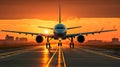 Skyward Journey Majestic Jetliner Takes Off at Sunrise with Landing Gear Extended on Airport Runway. created with Generative AI