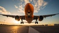 Skyward View of Airplane Landing at Dusk with Gleaming Metal Surfaces and Wingtip Lights. Generative Ai