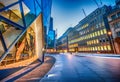 Skyward view of London City skyscrapers at twilight - UK Royalty Free Stock Photo