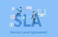 SLA, Service Level Agreement. Concept table with keywords, letters and icons. Colored flat vector illustration on blue