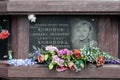 A slab in a sarcophagus at the burial site of the Soviet artist Mikhail Kononov at the Vagankovsky Cemetery in Moscow