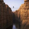 Slackliner balancing on a rope photo realistic illustration - Generative AI.