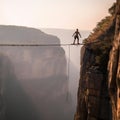 Slackliner balancing on a rope photo realistic illustration - Generative AI.